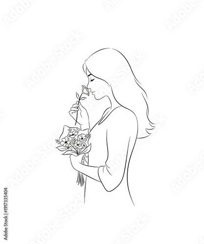 Elegant Woman Smelling Bouquet of Flowers, Minimalist Line Art, Soft Emotional Portrait