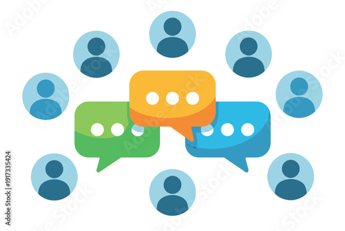 A colorful illustration of people communicating with each other through speech bubbles