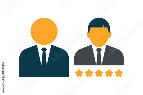 Two suited businessmen icons with rating stars on a white background