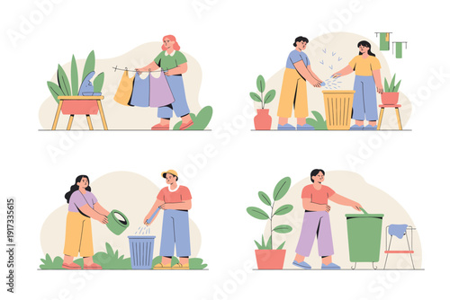 A group of people engaging in various eco-friendly activities such as recycling and gardening together