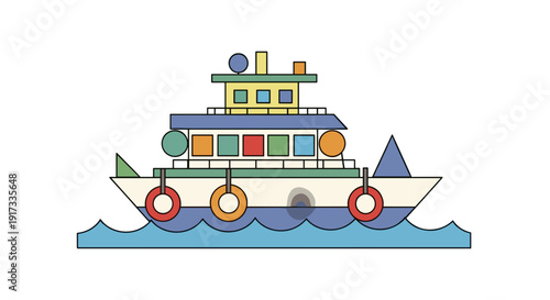 Colorful Cartoon Cruise Ship Illustration.