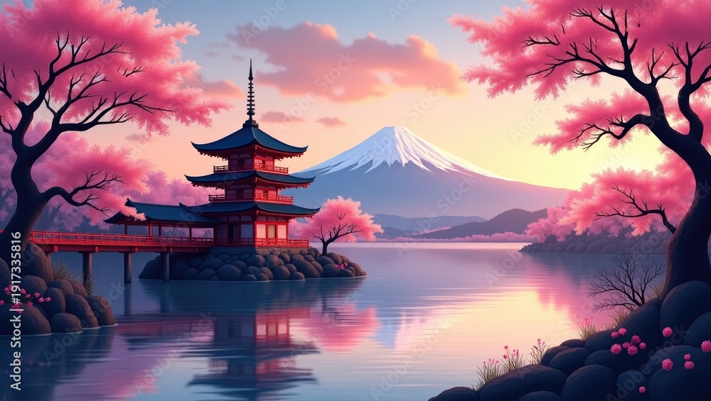 Fototapeta premium Scenic Japanese Landscape Pagoda Over Water, Cherry Blossoms, Mountain Backdrop at Sunrise