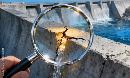 Close-up of a magnifying glass examining a significant crack in a concrete dam wall, emphasizing potential structural damage and the urgent need for infrastructure assessment and repair