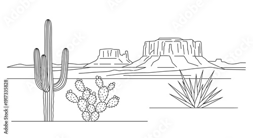 Desert Landscape with Cacti and Mountains.