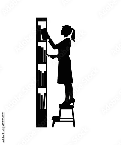 Silhouette Woman Organizing Bookshelf on Stepladder in Modern Library Setting