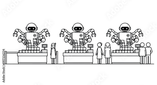 A line drawing of three robots working as cashiers with customers standing in front, in a simple black and white style against a clean white background.