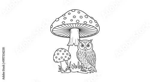Owl Sitting Under Large Mushroom.