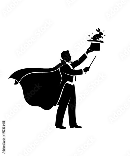 Magician performing illusion with rabbit from top hat, dramatic silhouette art style