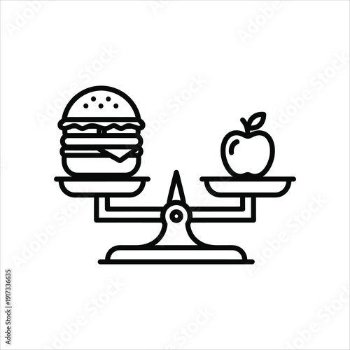 Black outline icon of a hamburger and apple on a balance scale food