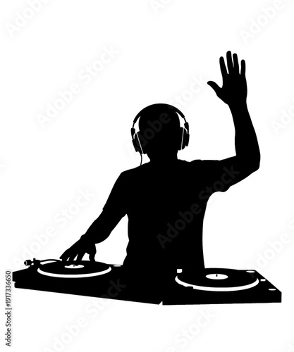 Silhouette DJ Mixing Music with Headphones and Waving Hand on Professional Turntables