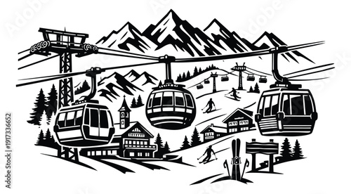 Stylized line art illustration of a ski resort depicting gondola lifts and skiers for winter sports