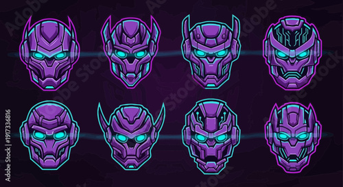 Sci-Fi Robot Heads with Glowing Neon Eyes - Character Icons