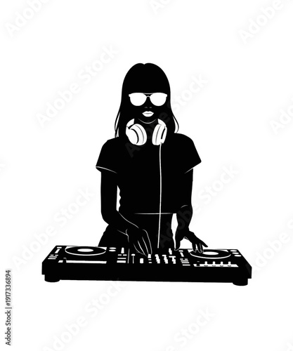 Black and White DJ Mixing Music Tracks with Headphones and Controller Setup