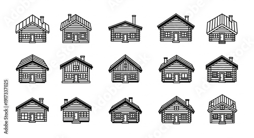 Collection of Hand Drawn Log Cabin Style Houses.