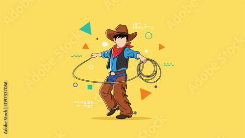 Little boy dressed as a brave cowboy holding a lasso and standing on a bright yellow background with various abstract geometric shapes.