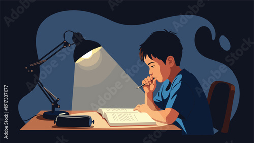 Focused young boy reading an interesting book at his desk late at night under the warm glow of a lamp for education.