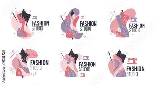 Abstract Fashion Studio Logos with Mannequins and Sewing Elements