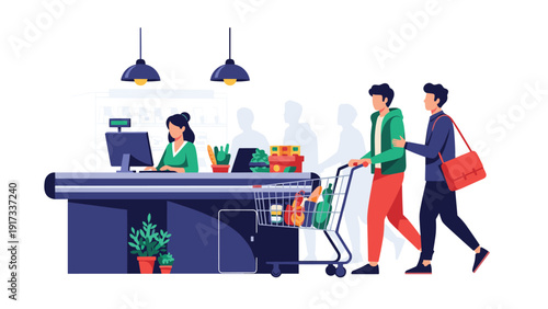 People waiting in line at a supermarket checkout counter where a female cashier is scanning groceries for two male customers.