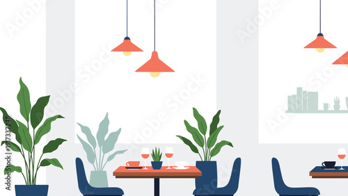 Quiet and elegant interior of a modern restaurant or cafe with decorated tables, comfortable chairs, potted plants, and stylish hanging lamps.