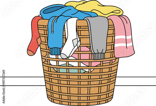 Laundry Basket with Colored Clothes Illustration Isolated on Transparent Background.