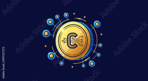 Digital Coin with Circuitry and Network Connection on Dark Background