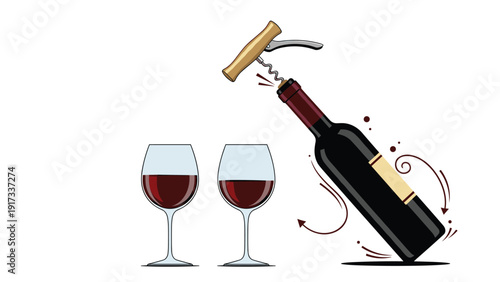 Bottle of red wine being opened with a wooden handle corkscrew next to two filled wine glasses on a clean white background.