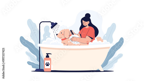 Caring woman bathing her friendly golden retriever dog in a bathtub filled with soap bubbles in a clean home bathroom.