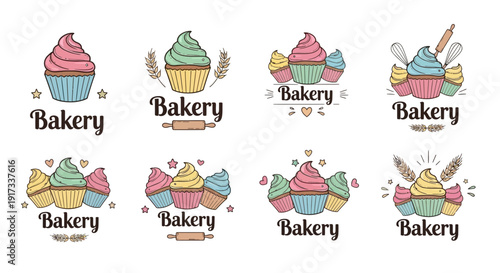 Bakery Logo Collection with Cute Cupcakes and Wheat