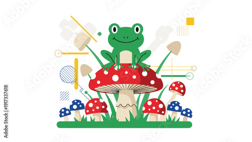 Cute green frog sitting on top of a large red and white mushroom surrounded by other mushrooms and grass in a magical forest.