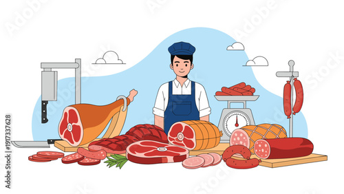 Friendly butcher in a professional uniform standing behind a shop counter filled with a wide variety of meats, sausages, and hams.