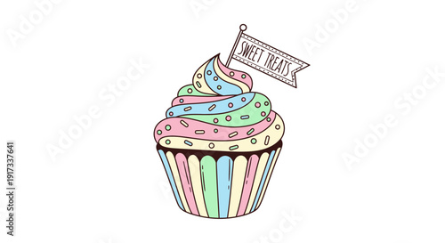 Hand-Drawn Cupcake with 'Sweet Treats' Flag and Sprinkles
