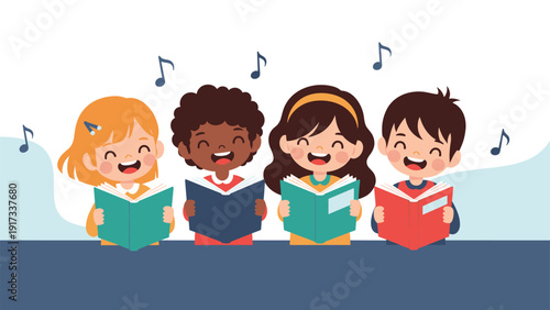 Group of four happy children from different backgrounds singing together from their songbooks with musical notes floating in the air.