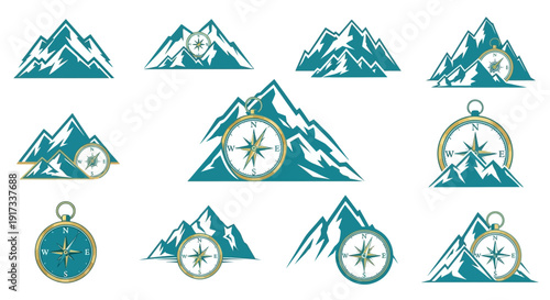 Mountain and Compass Logo Icons Set for Adventure Travel