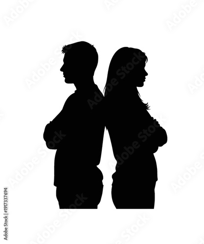 Silhouette couple back to back symbolizing separation or emotional distance, minimalist black and white design