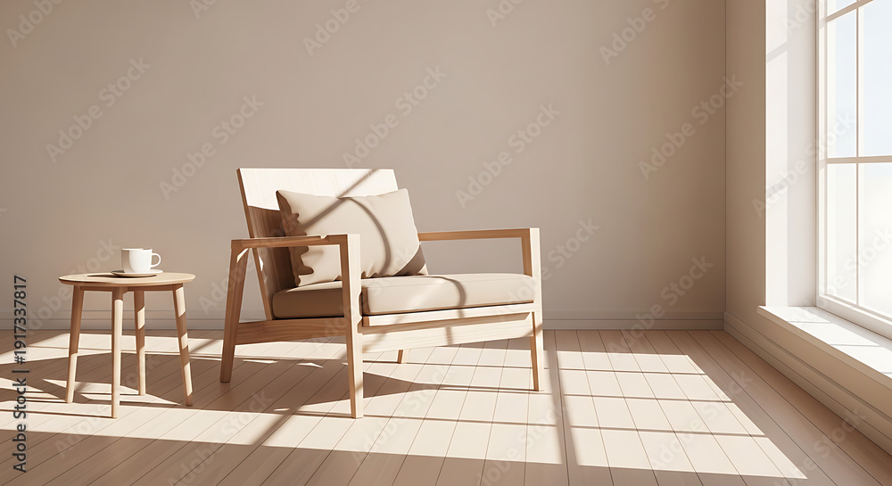 Fototapeta premium Serene and bright minimalist living space with a comfortable wooden armchair bathed in warm sunlight, creating a peaceful and inviting atmosphere for quiet relaxation