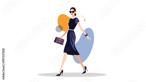 Fashionable woman wearing a dark blue dress and sunglasses walking confidently while holding a purple patterned clutch bag.