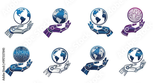 Robotic Hands Holding Earth Logos - Global Tech and AI Concepts