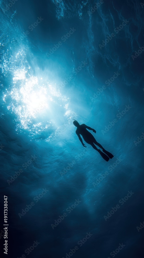 Fototapeta premium Silhouette of Diver in Deep Blue Ocean
