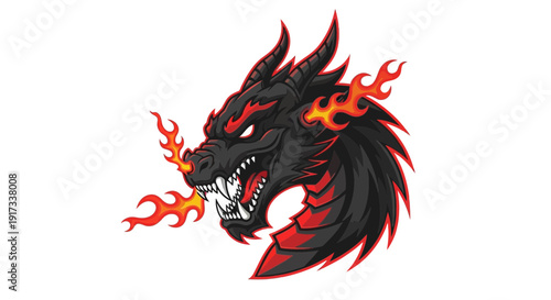 Furious Black Dragon Head Breathing Fire - Aggressive Mascot Logo