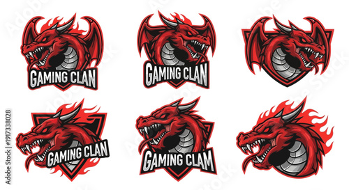 Red Dragon Clan Logos - Gaming Team Emblems with Fire and Shields