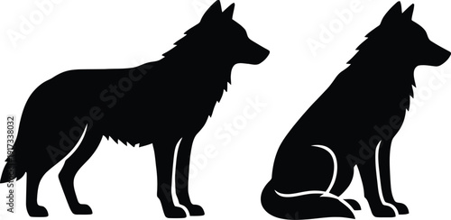 Silhouette of two wolves in standing and sitting poses isolated on transparent background