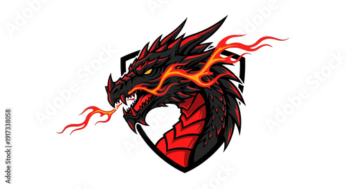 Black Dragon Head with Fire Breath and Shield - Fierce Mascot Logo