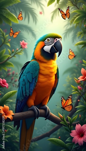 Vibrant Tropical Macaw Perched Gracefully Amidst Lush Jungle Foliage and Colorful Blossoms, Adorned by Fluttering Butterflies
