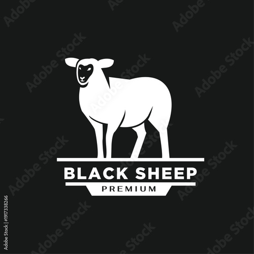 Black Sheep Premium Logo Design. Stylized White Sheep Emblem on Dark Background, Minimalist Vector Illustration.