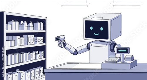 A smiling robot cashier holds a product near a cash register with a shelf of items in the background, in a modern retail setting with a clean and minimalist aesthetic.