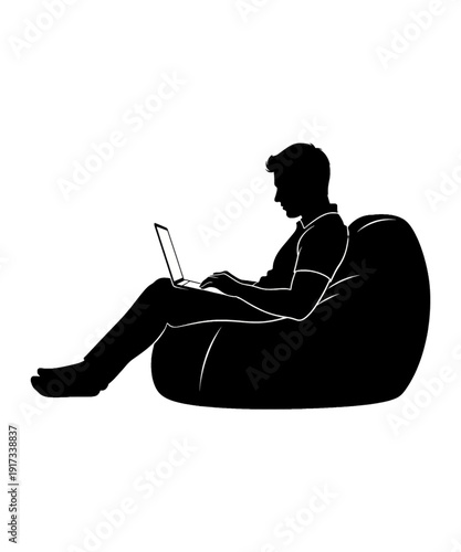 Silhouette man working on laptop in cozy bean bag chair modern minimalist home office