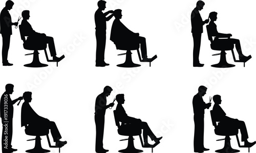 Barber silhouette haircut illustration, professional hairstylist cutting client hair, grooming service concept, barber chair scissors comb artwork
