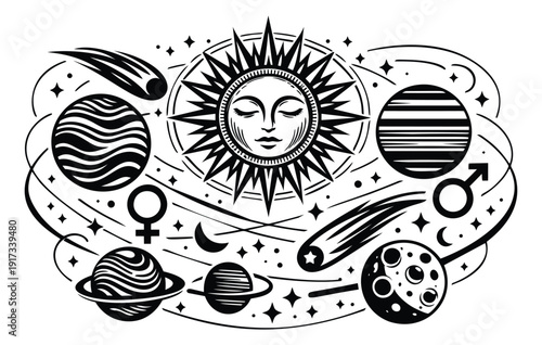 Vintage line art celestial elements set featuring the sun, planets, comets, and astrological symbols for cosmic themes