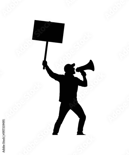 Silhouette Protester Holding Megaphone and Sign for Social Activism Campaigns