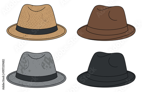 Hand drawn fedora hats set featuring straw, brown, gray, and black designs for men's fashion and style
